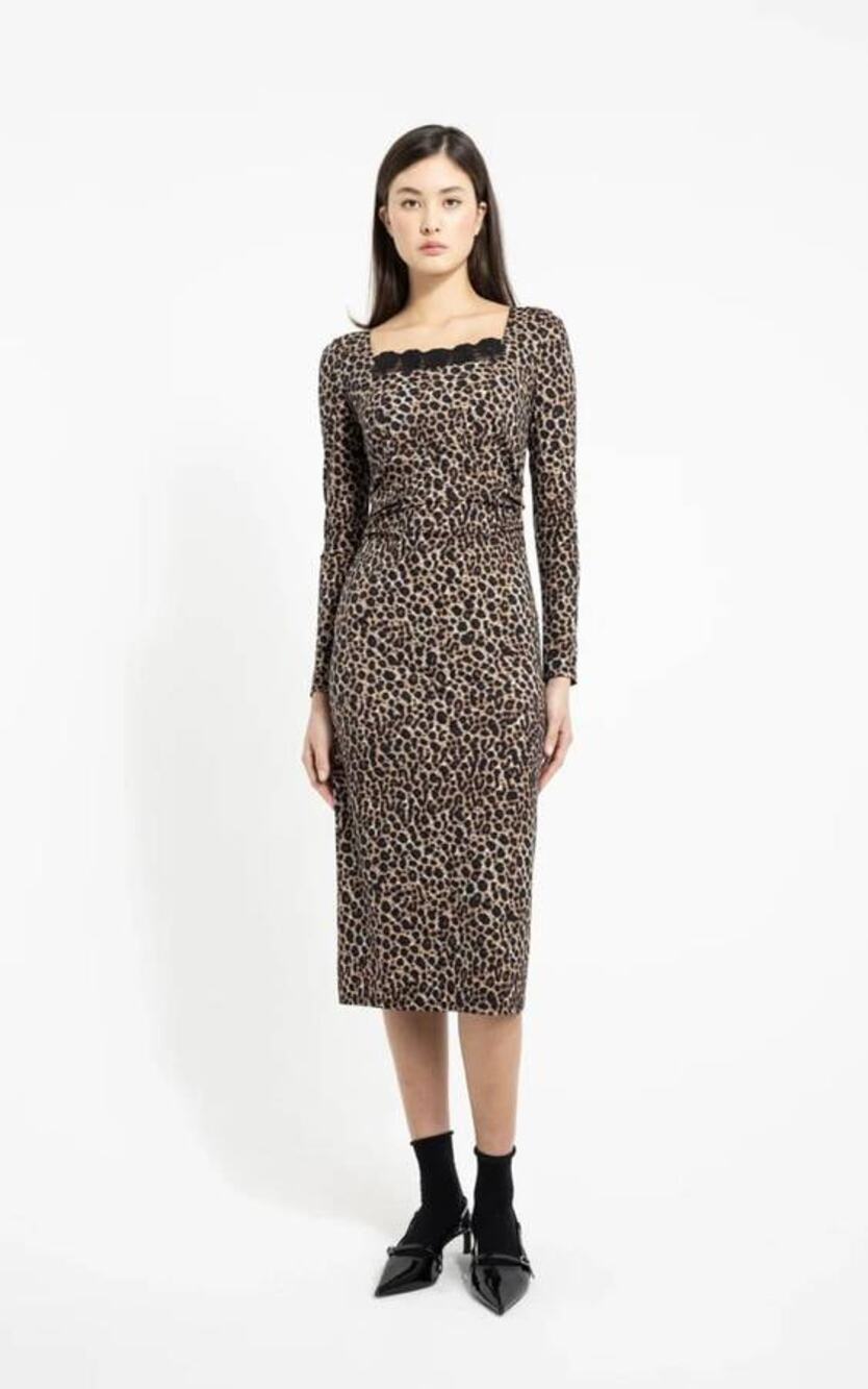Nadya Toto Lugano Midi Lace Trim Dress in Leopard M